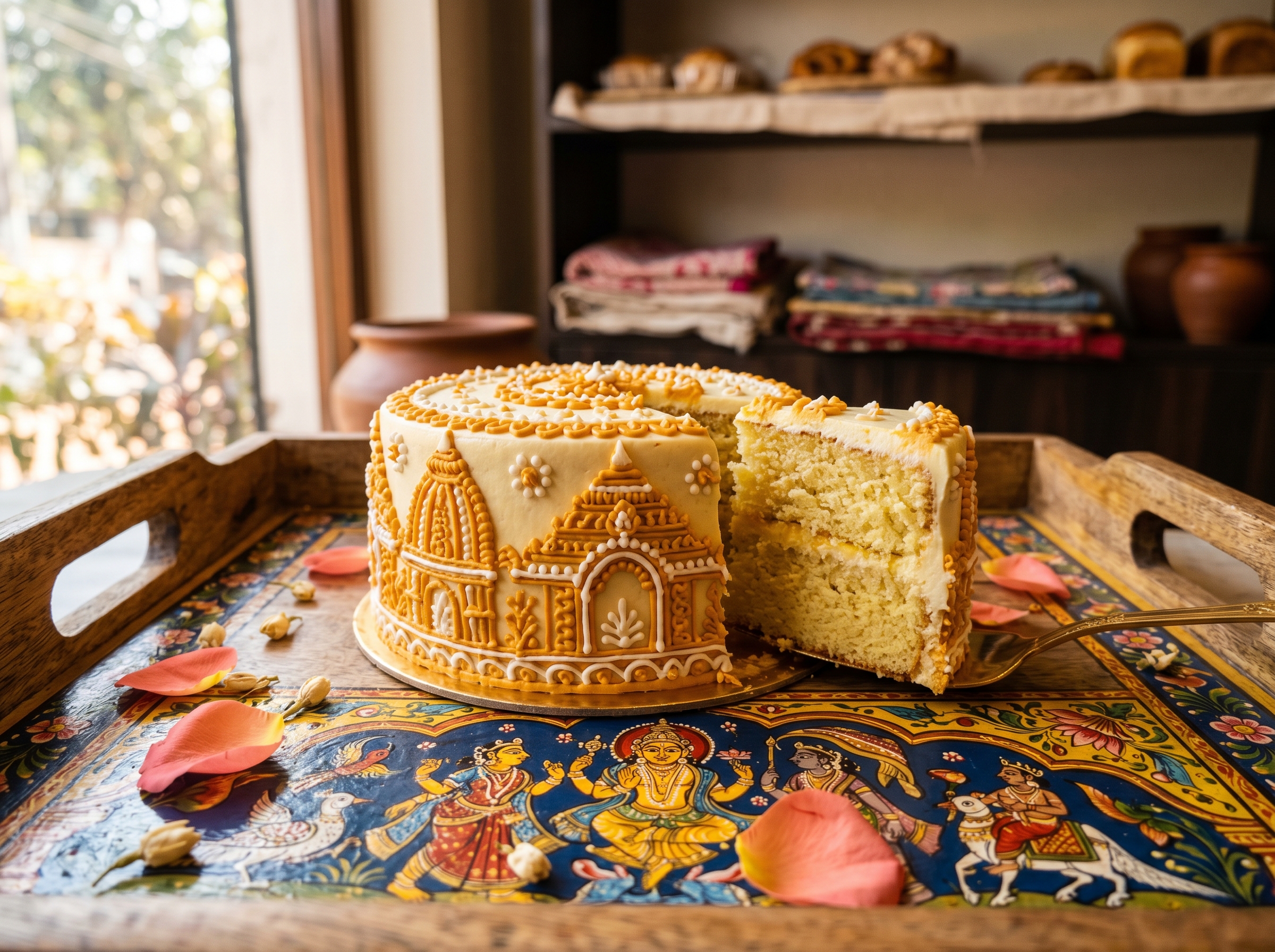 Eggless paan truffle cake on ceramic stand