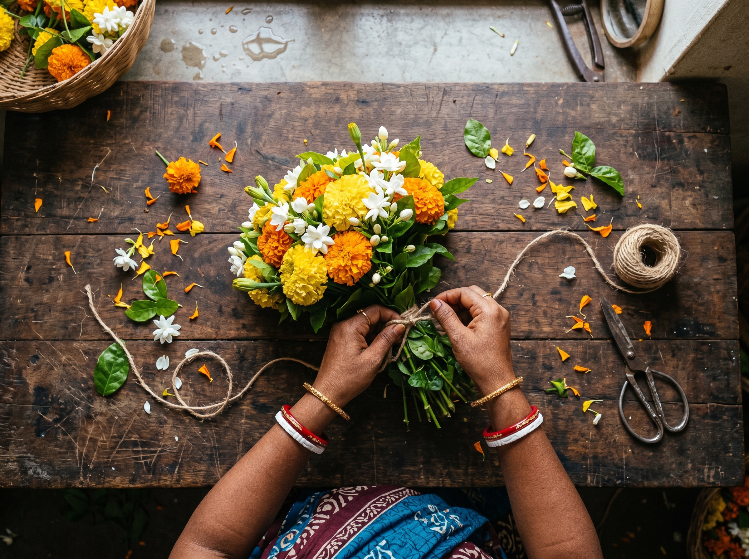 Hand-tying a fresh dawn-cut bouquet at the Bhubaneswar studio