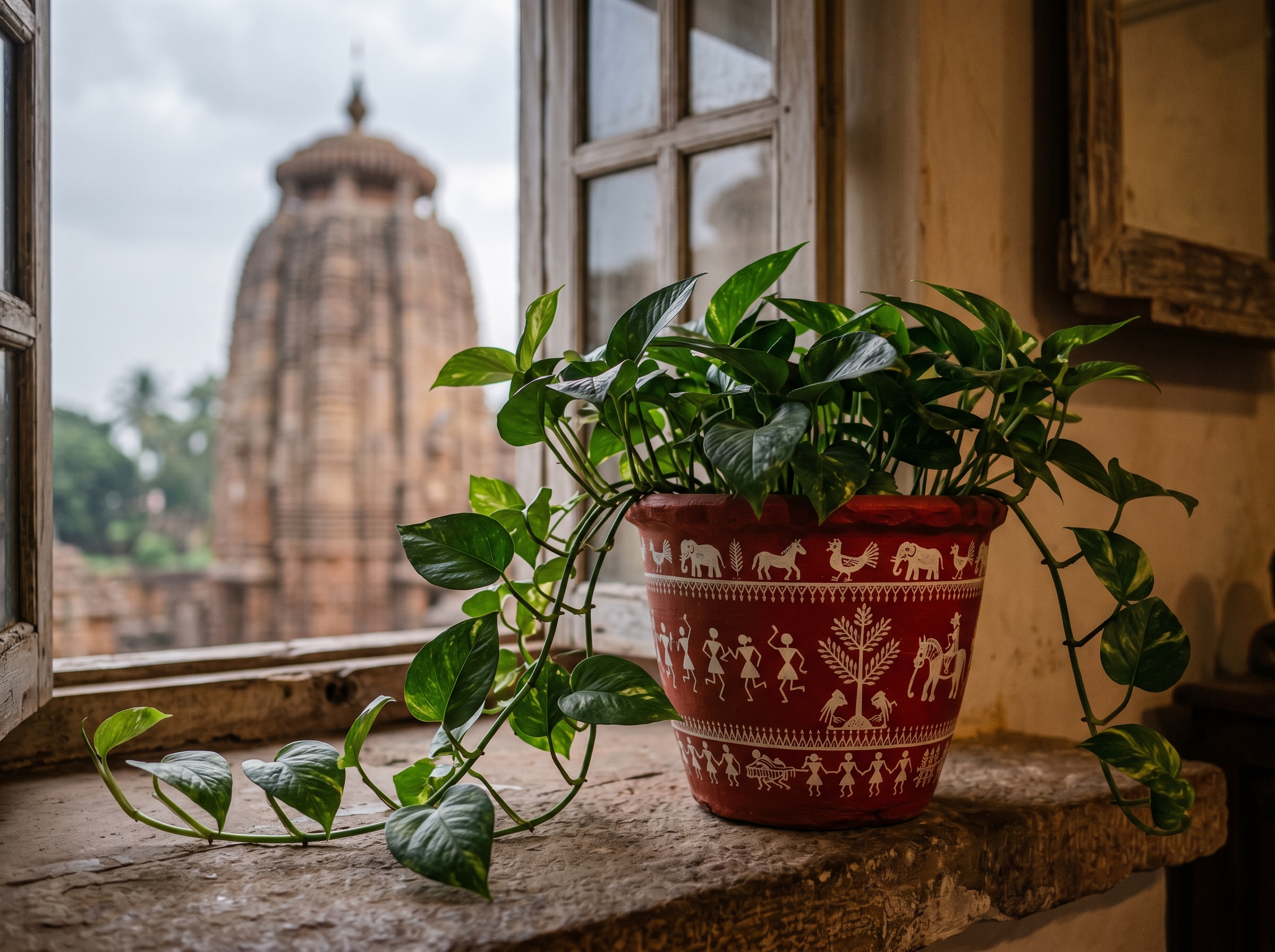 Indoor plants in terracotta pots on a sandstone ledge