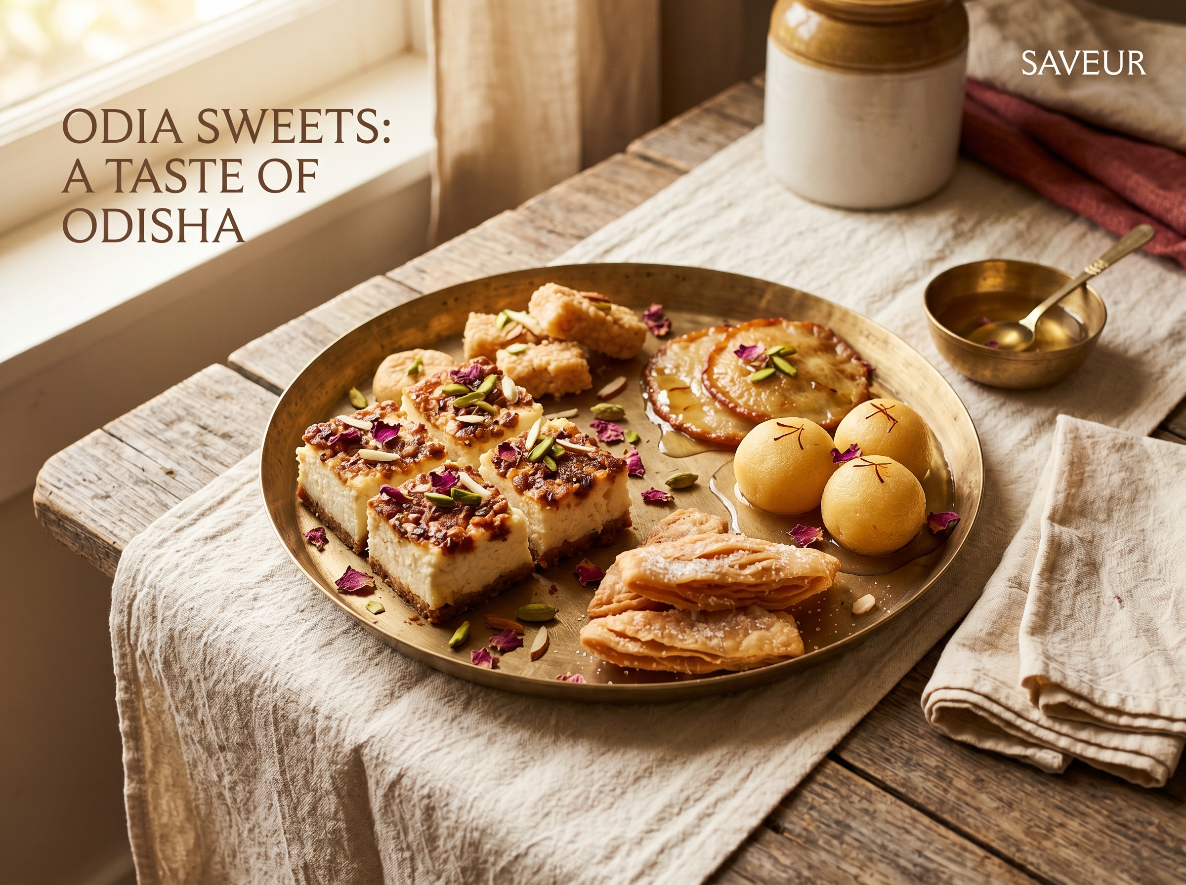 Bhubaneswar pinni, rewari and gulab jamun on cream textile