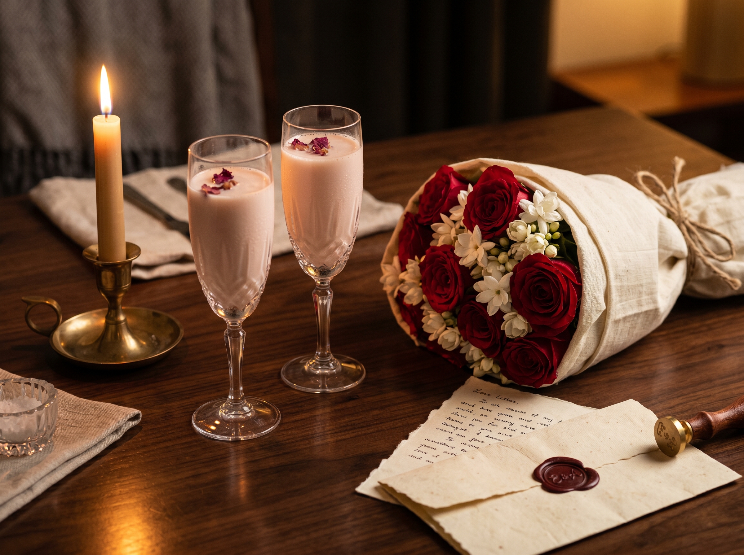 Anniversary lassi flutes, roses and a hand-written letter