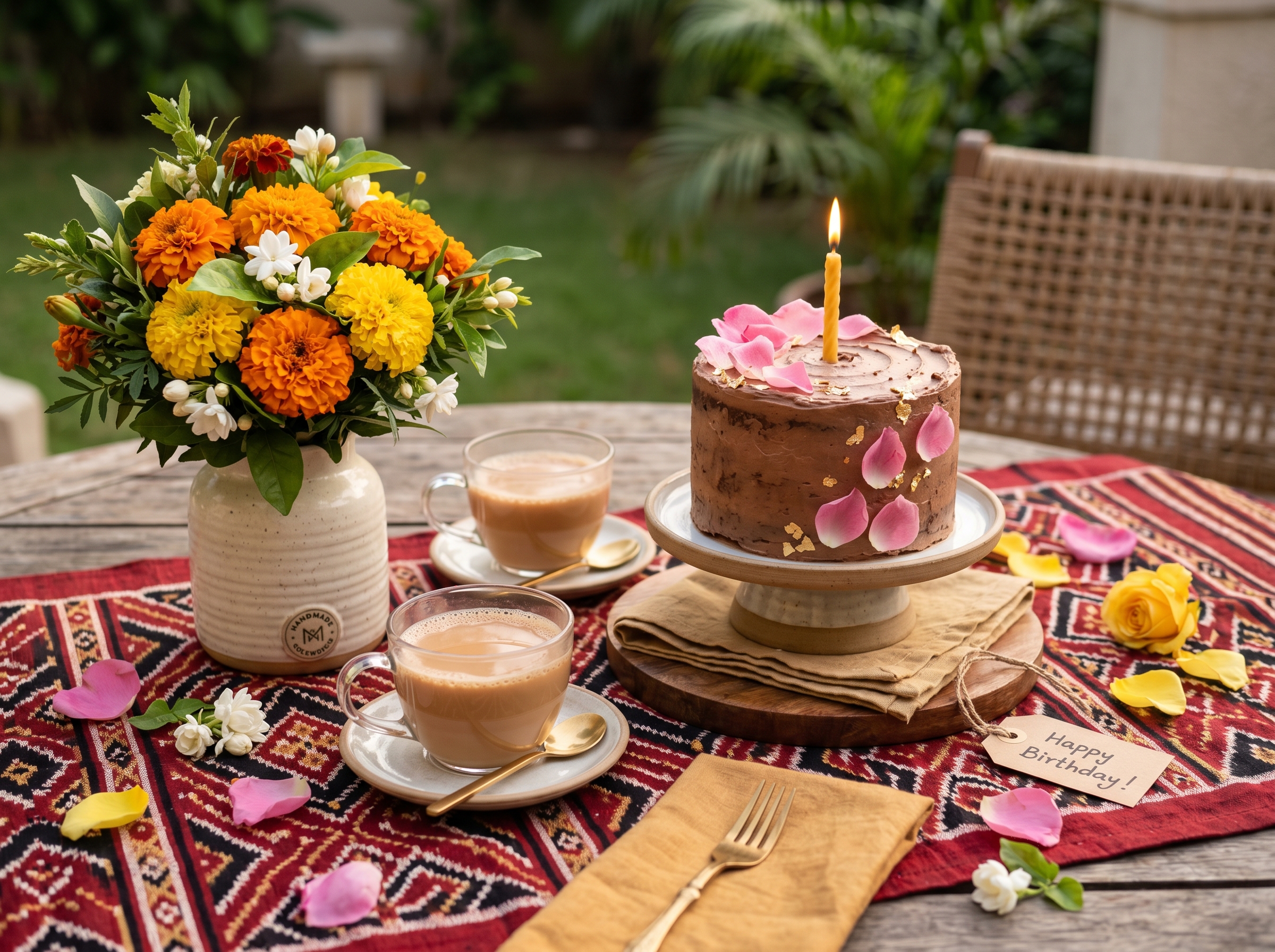 Modern Bhubaneswar birthday tablescape with cake and rose petals