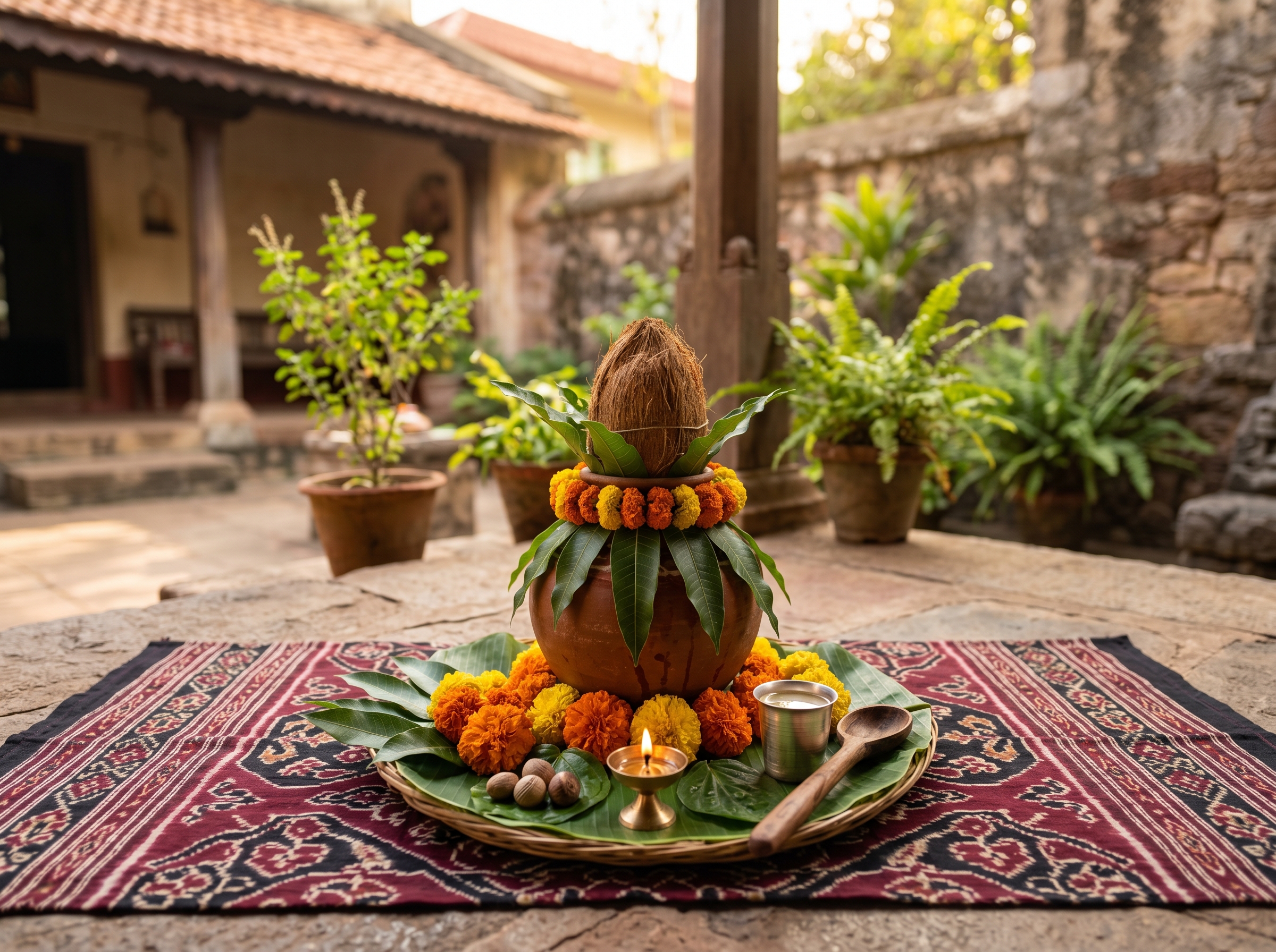 Marigold garland, wheat sheaves and buttermilk for Pana Sankranti