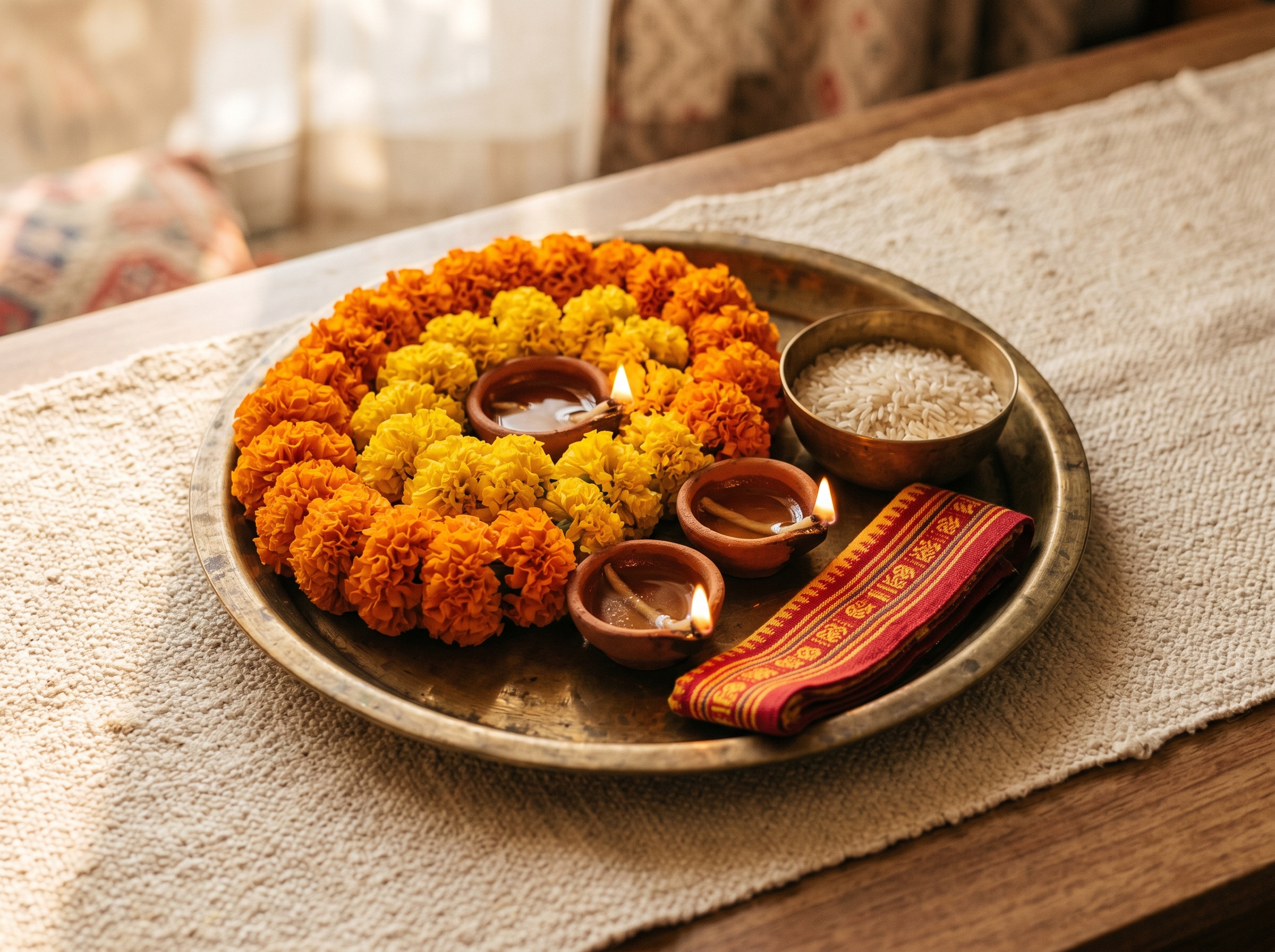 White flowers and clay diya for Rath Yatra
