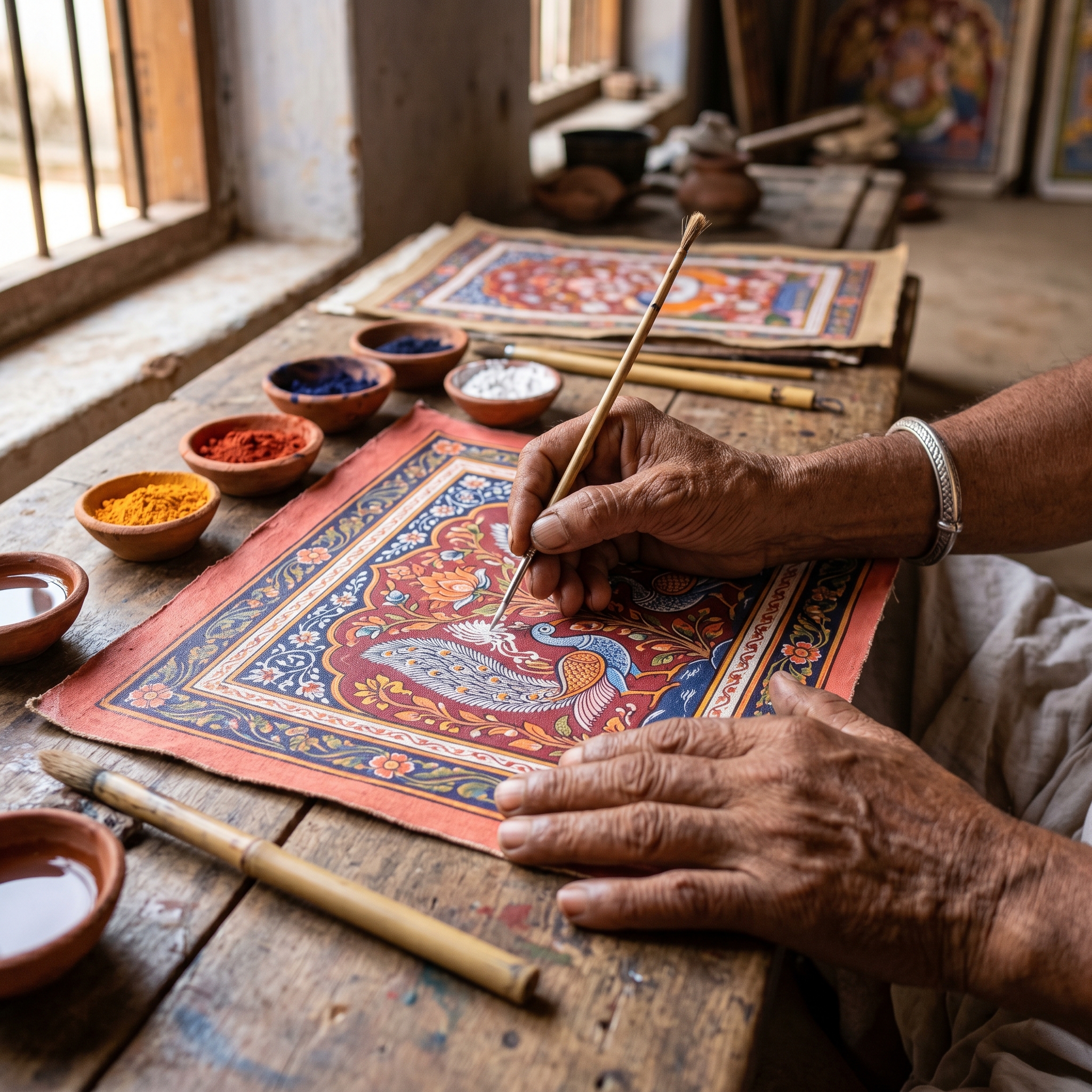 Hand-stitched pattachitra embroidery — silk thread on cream khadi